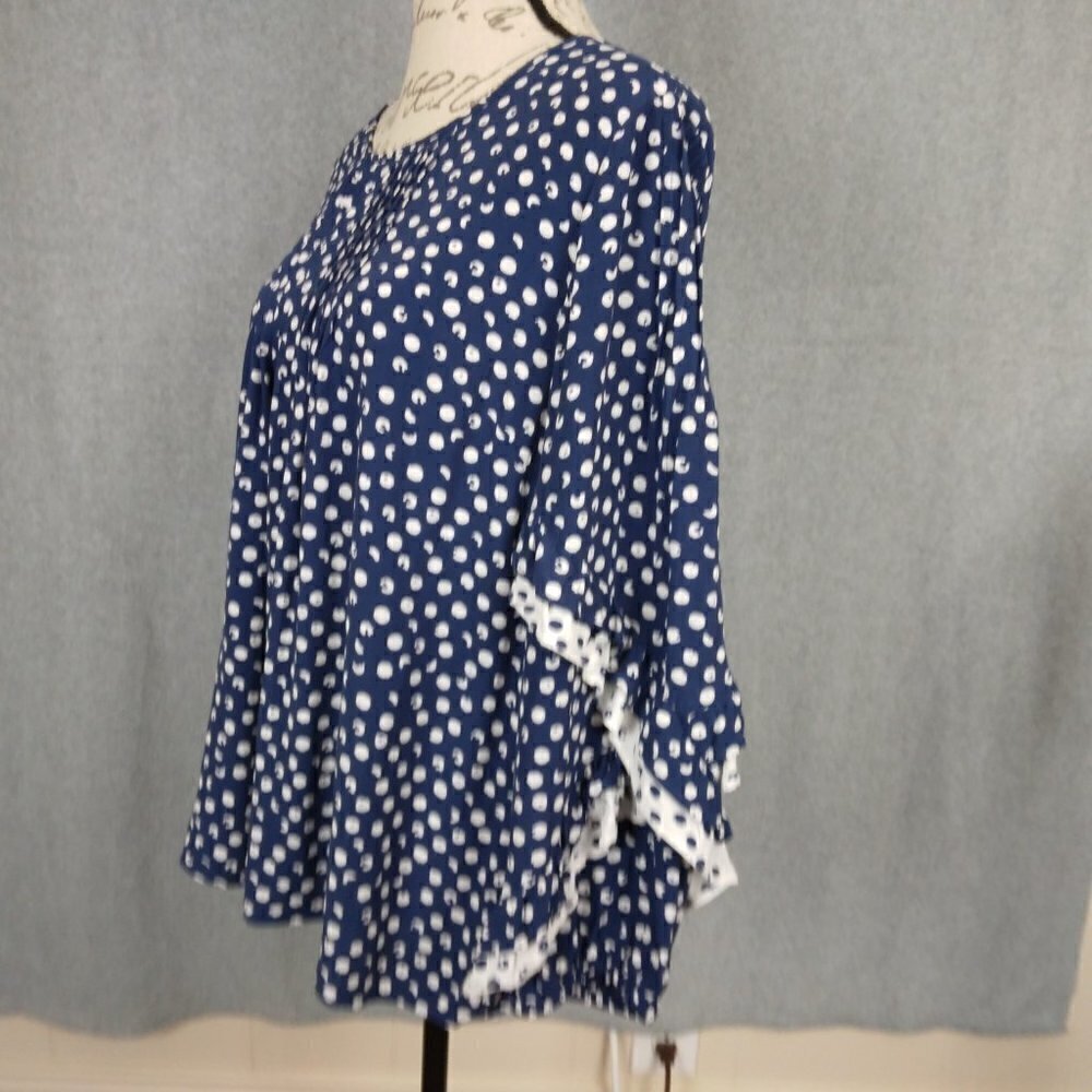 Soft Surroundings | Sonrisa Polka Dot Ruffle Sleeve Top Blue White Top | Size L - Picture 5 of 9